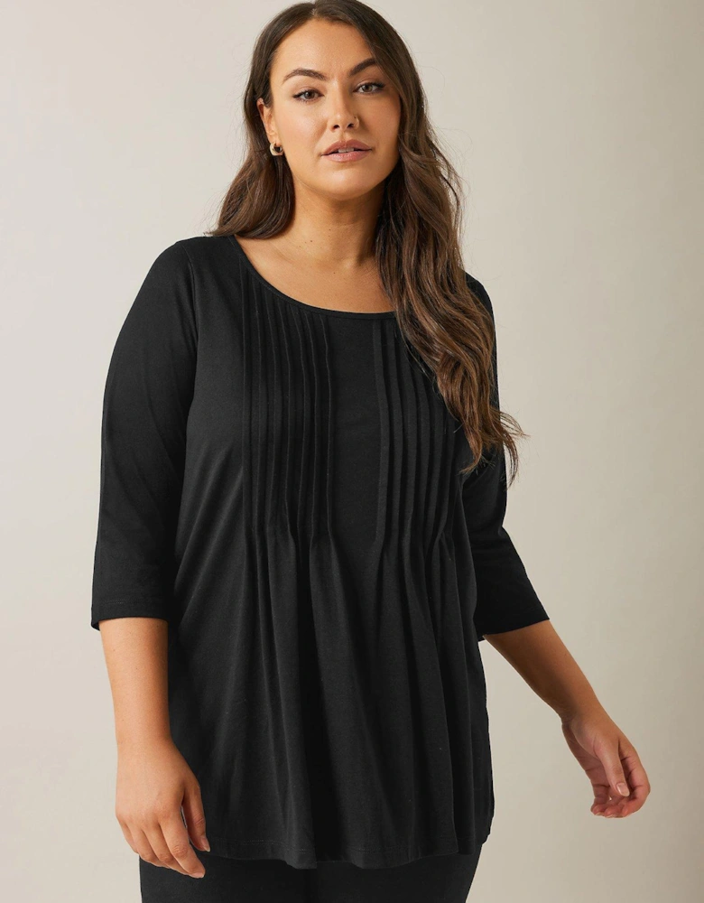 3/4 Sleeve Pintuck Top - Black