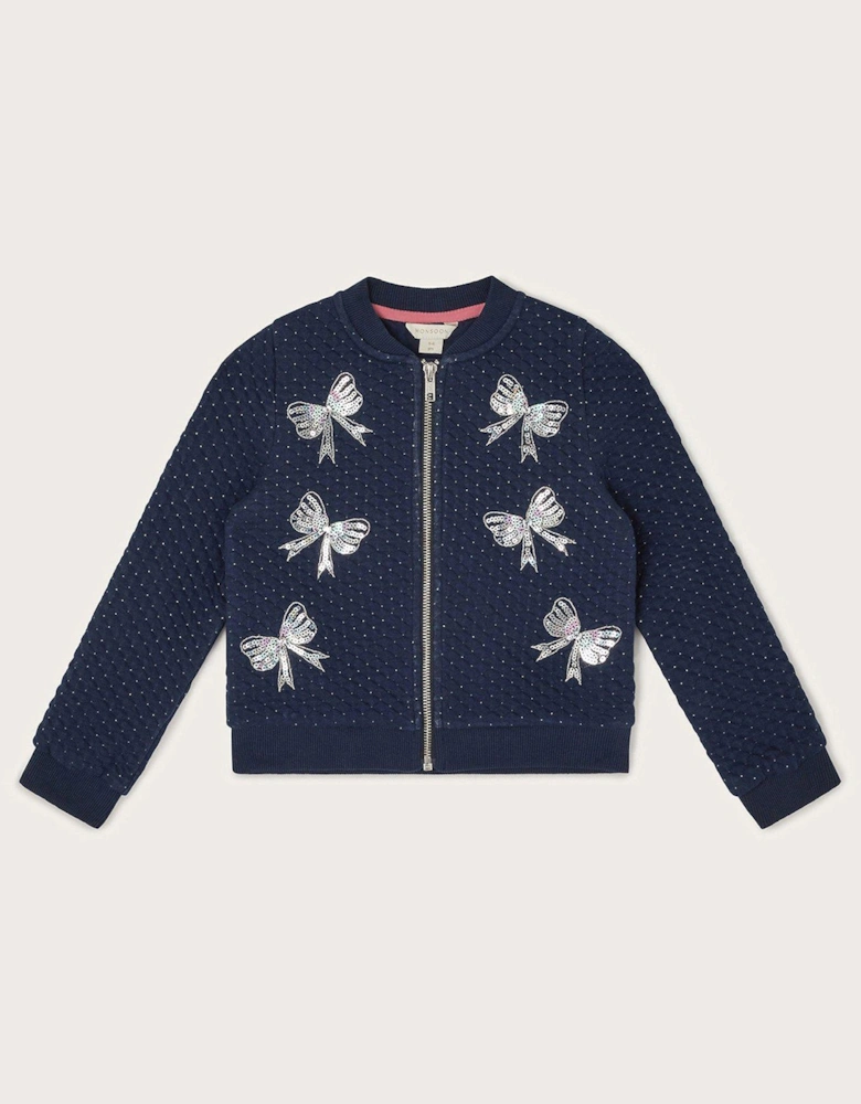 Girls Embellished Sequin Bow Bomber Jacket - Navy