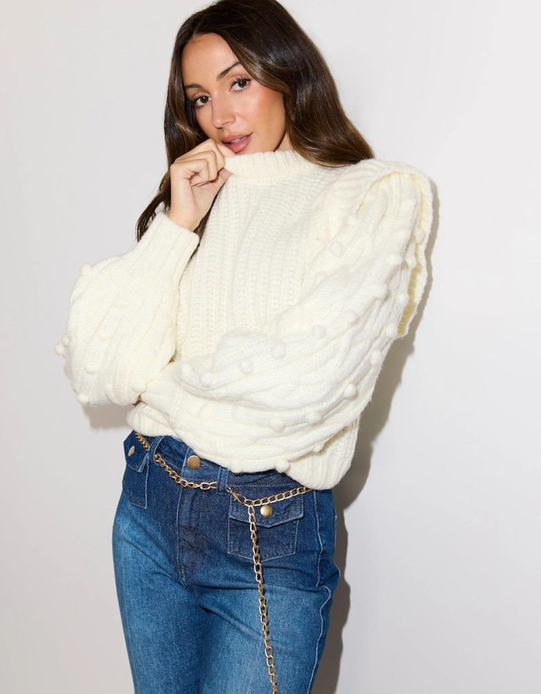 Chunky Knitted Bobble Sleeve Jumper - Cream