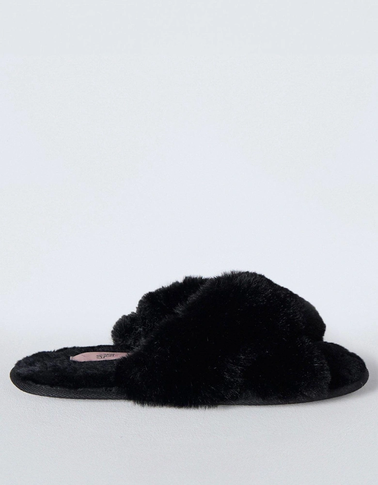 Holly Embroidered Crossband Slippers - Black