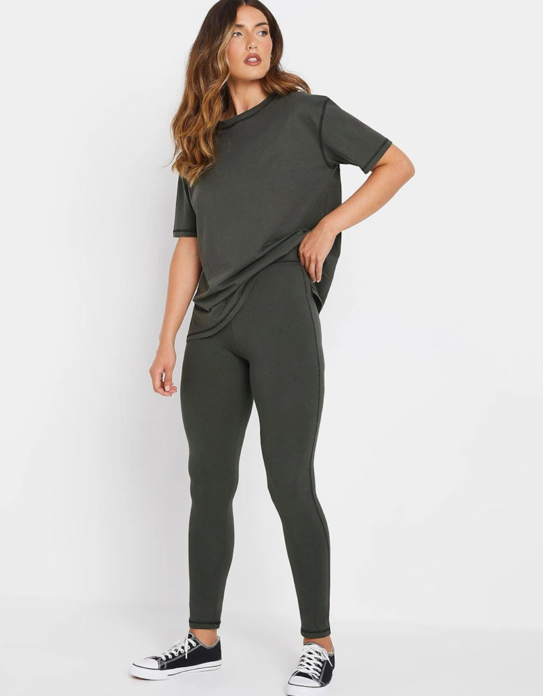 Tall Contrast Stitch T-shirt And Legging Set 34" - Black