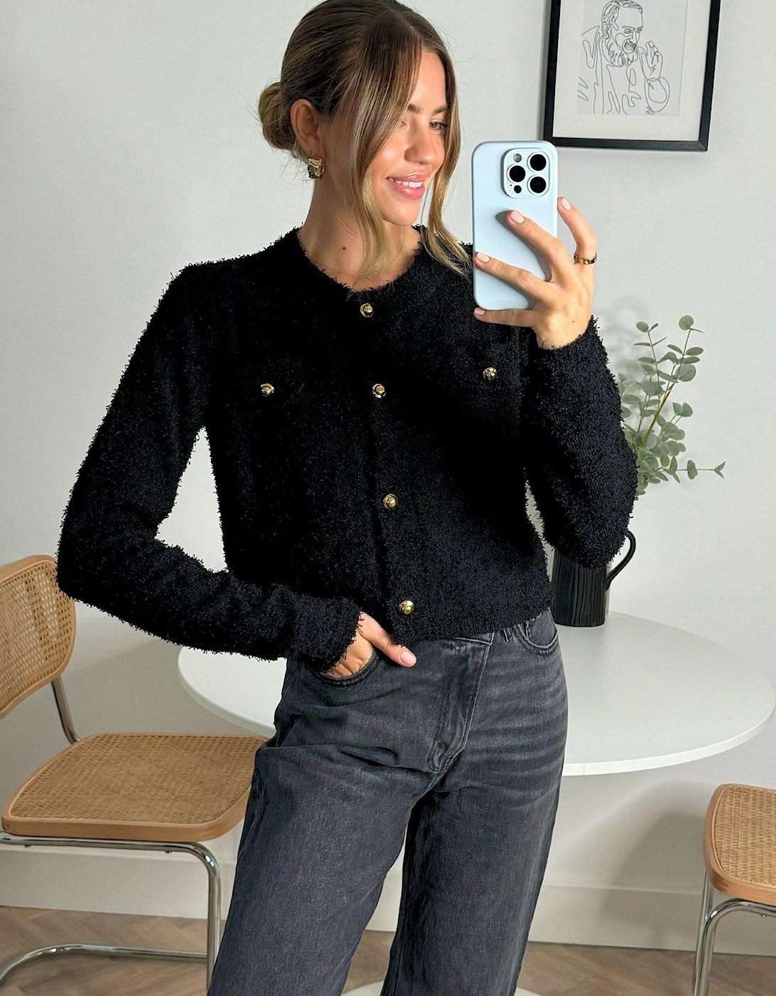 Textured Button Detail Knit Cardigan - Black, 5 of 4