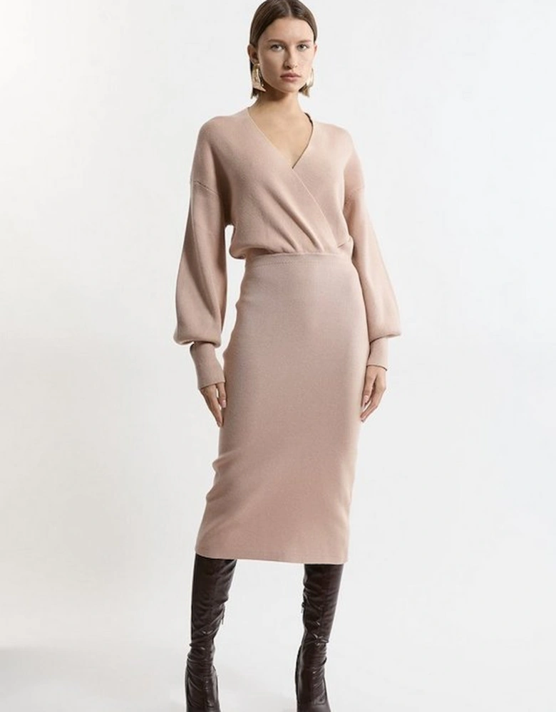 Wool Look Blouson Sleeve Midi Knit Pencil Dress