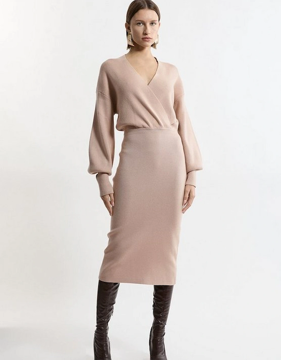 Wool Look Blouson Sleeve Midi Knit Pencil Dress, 5 of 4