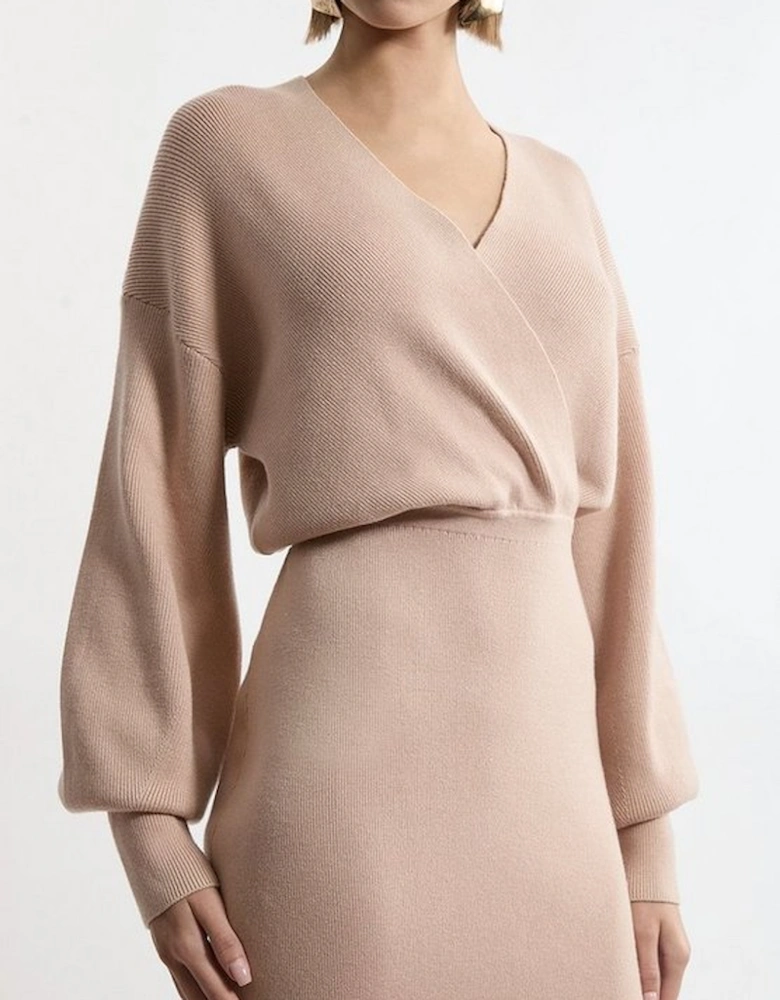 Wool Look Blouson Sleeve Midi Knit Pencil Dress