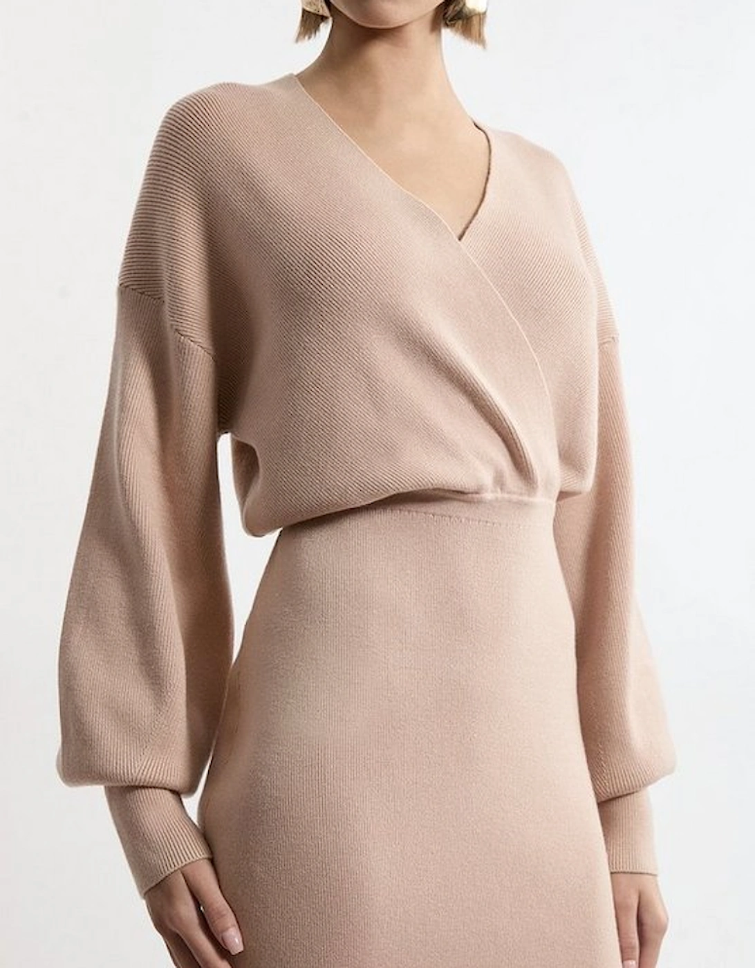 Wool Look Blouson Sleeve Midi Knit Pencil Dress