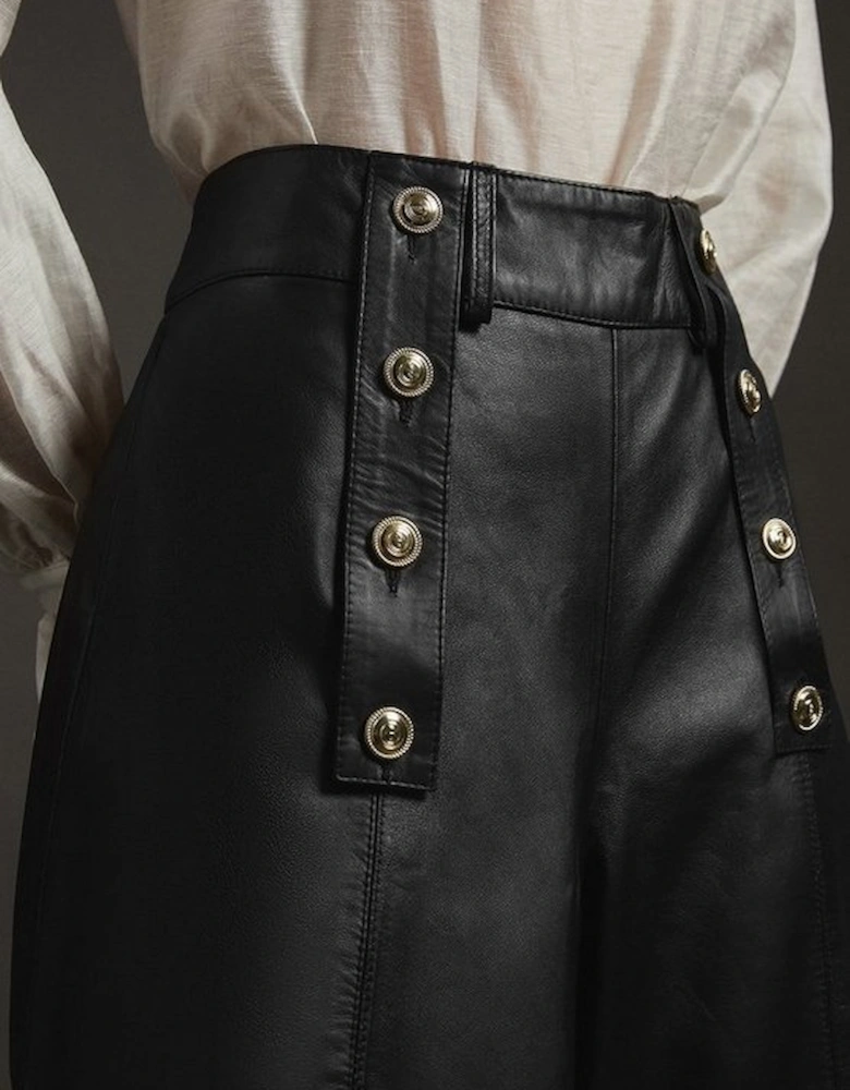 Leather Military Button Wide Leg Trouser