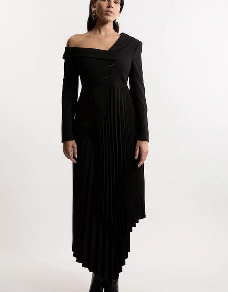 Tailored Crepe Asymmetric Pleated Midi Dress