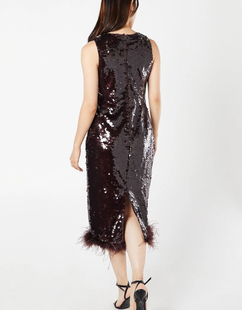 Party Disc Sequin Feather Hem Pencil Dress