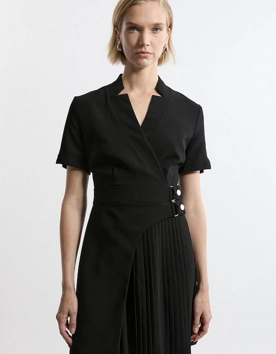 Tailored Crepe Military Pleat Notch Neck Wrap Mini Dress, 2 of 1