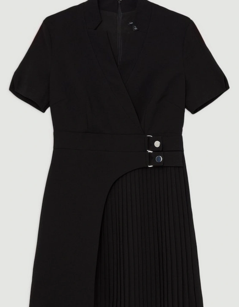 Tailored Crepe Military Pleat Notch Neck Wrap Mini Dress