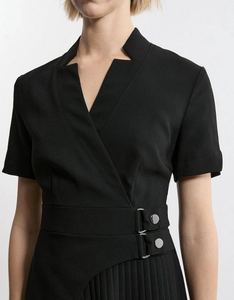 Tailored Crepe Military Pleat Notch Neck Wrap Mini Dress