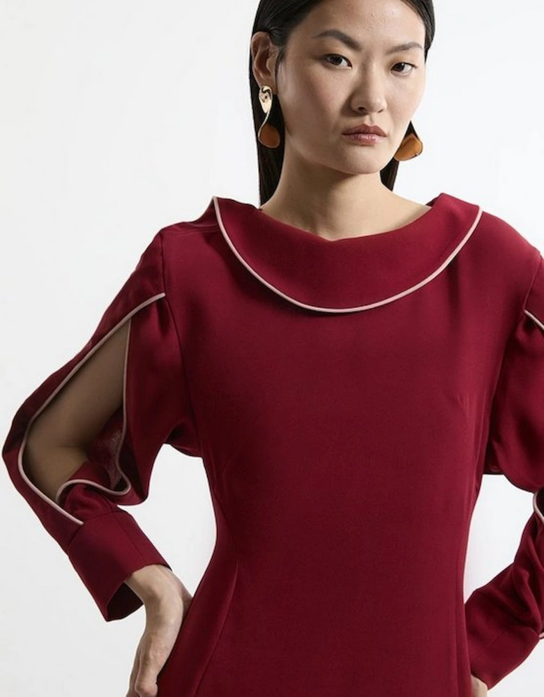 Soft Tailored Tipping Cowl Detail Sleeved Midi Dress