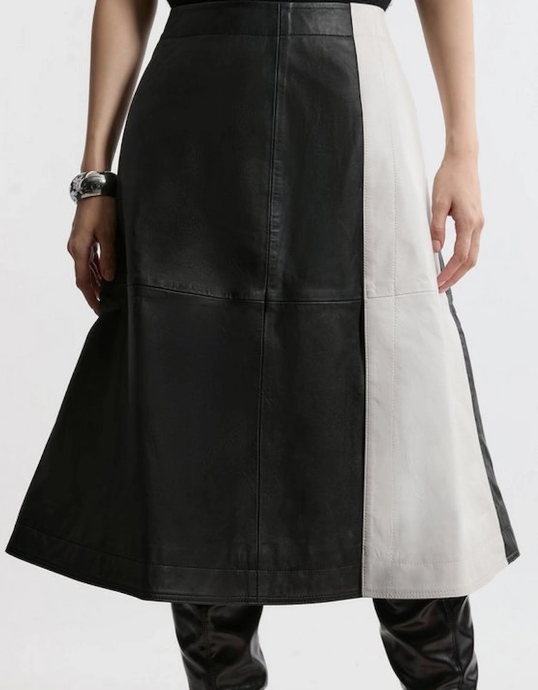 Leather Colourblock Midi A-Line Skirt