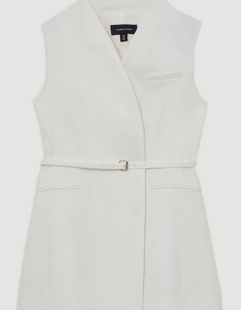 Structured Crepe Tailored Collarless Belted Sleeveless Blazer