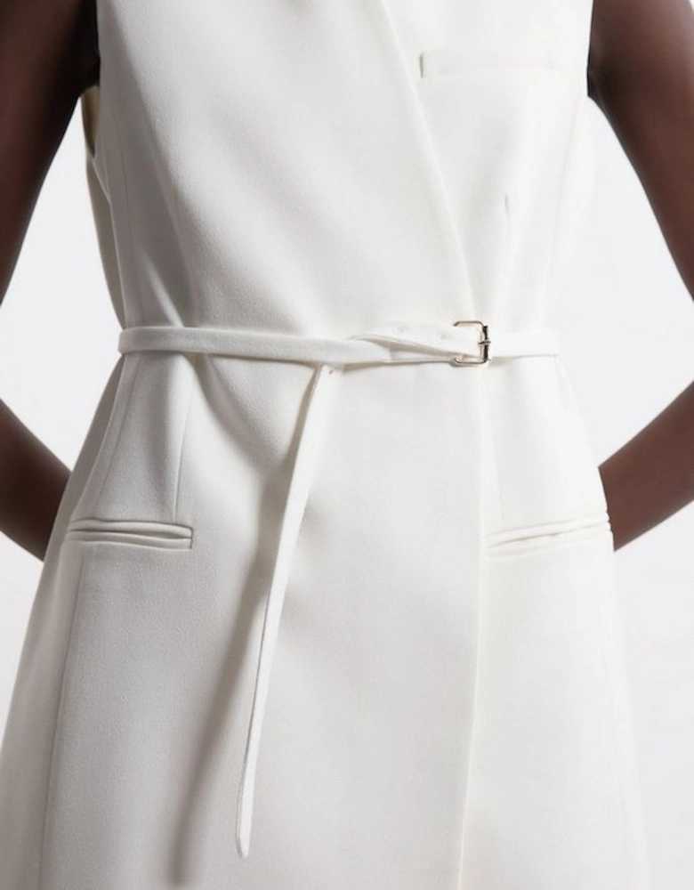 Structured Crepe Tailored Collarless Belted Sleeveless Blazer