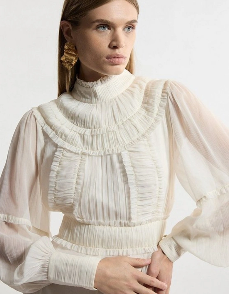 Lydia Millen Petite Pleat Crinkle High Neck Drama Sleeve Woven Midaxi Dress