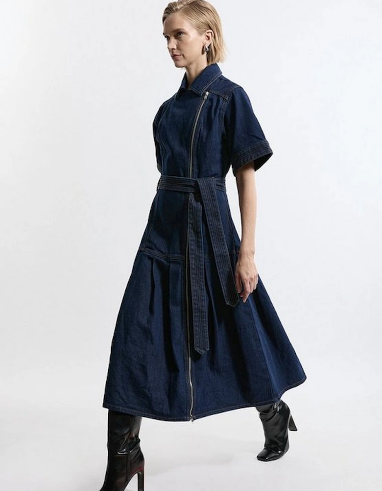 Petite Denim Pleated Hem Biker Dress