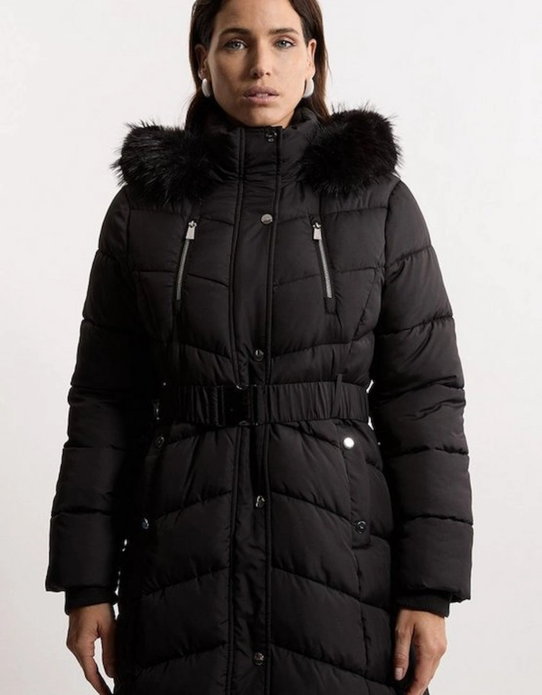 Faux Down Padded Belted Hooded Puffer Coat