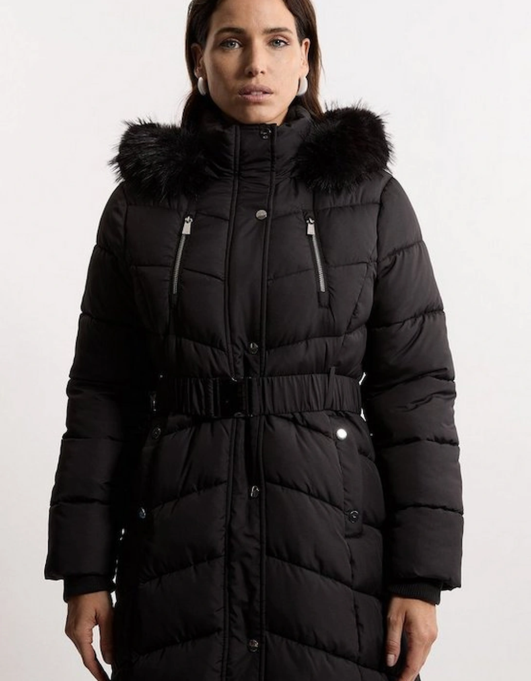 Faux Down Padded Belted Hooded Puffer Coat
