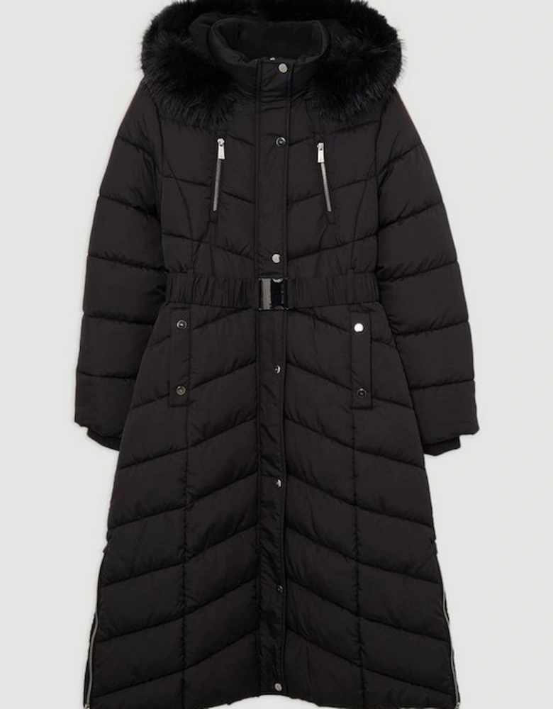 Faux Down Padded Belted Hooded Puffer Coat