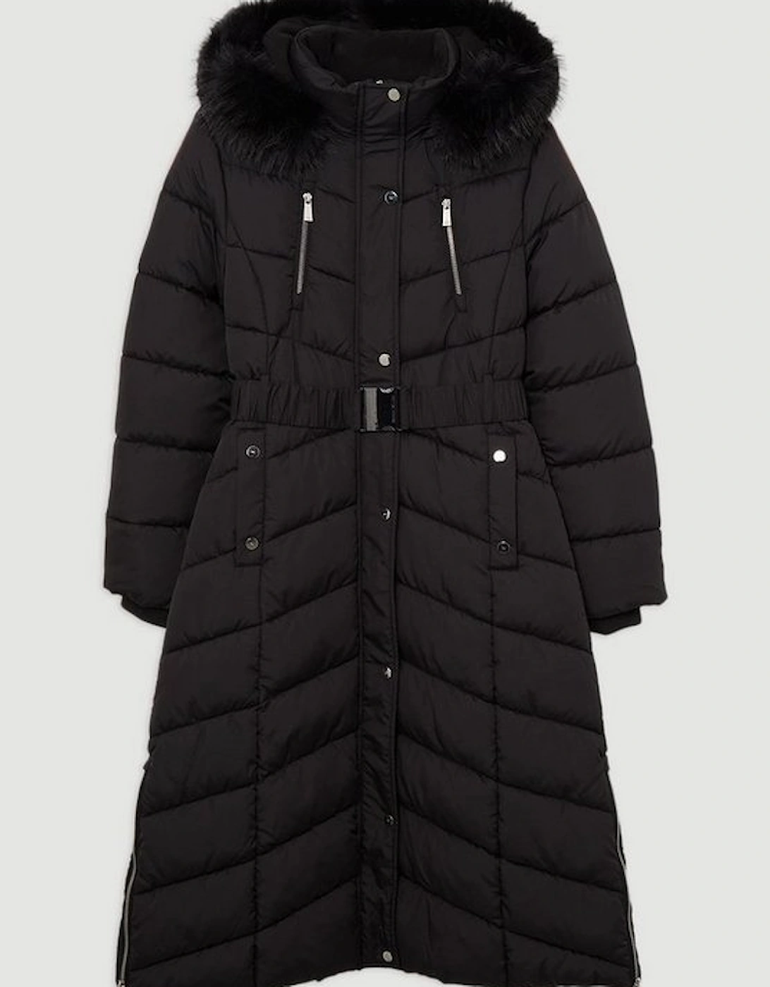 Faux Down Padded Belted Hooded Puffer Coat