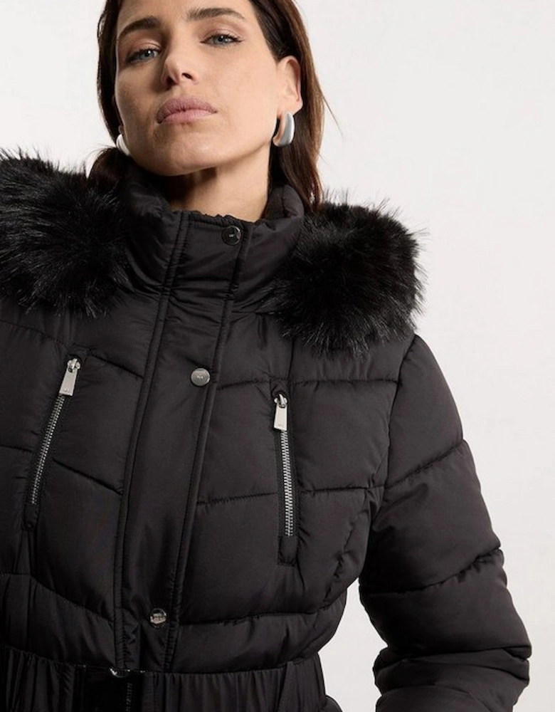 Faux Down Padded Belted Hooded Puffer Coat