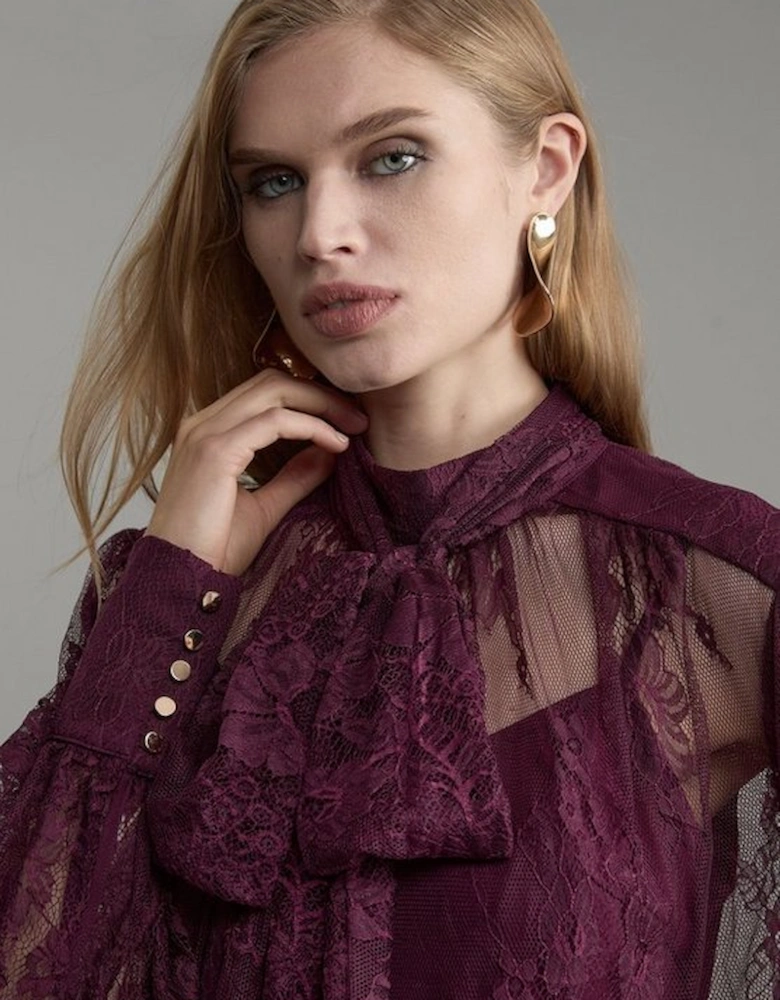 Sheer Lace Balloon Sleeve Bow Detail Blouse