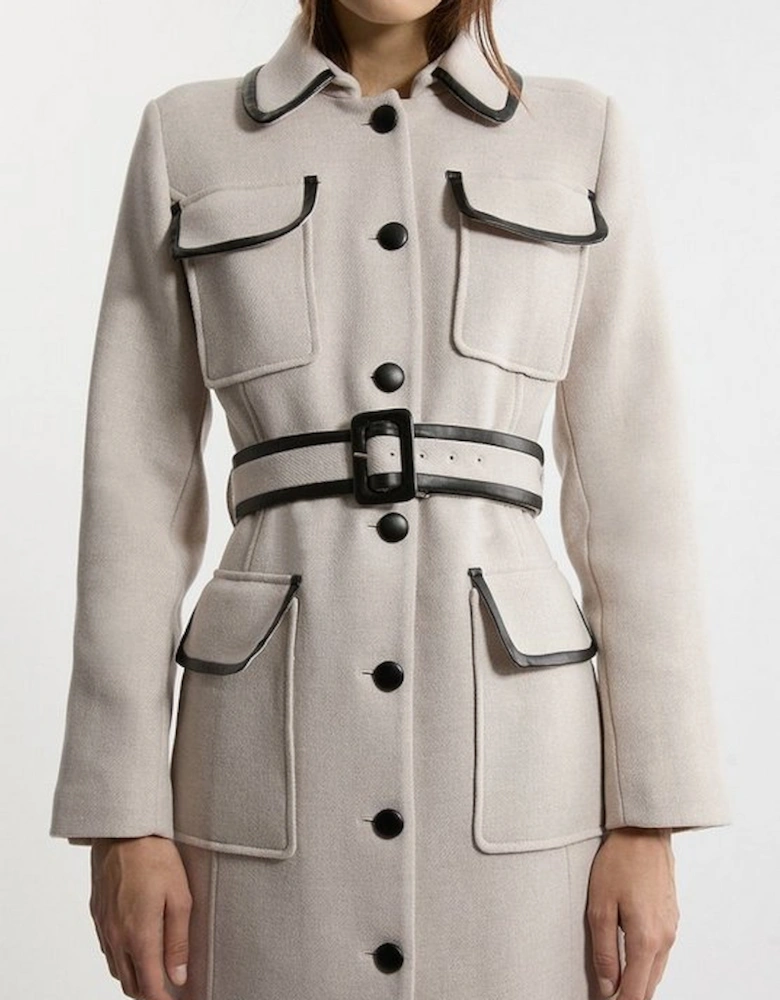 Premium Italian Manteco Wool Pocket Detail Belted Pu Tipped Tailored Midi Coat