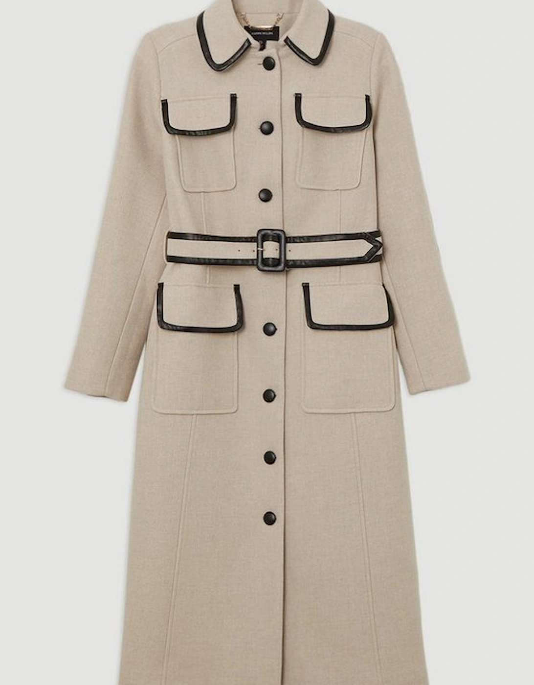 Premium Italian Manteco Wool Pocket Detail Belted Pu Tipped Tailored Midi Coat