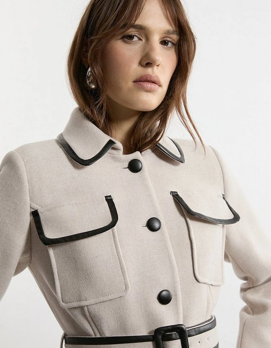 Premium Italian Manteco Wool Pocket Detail Belted Pu Tipped Tailored Midi Coat