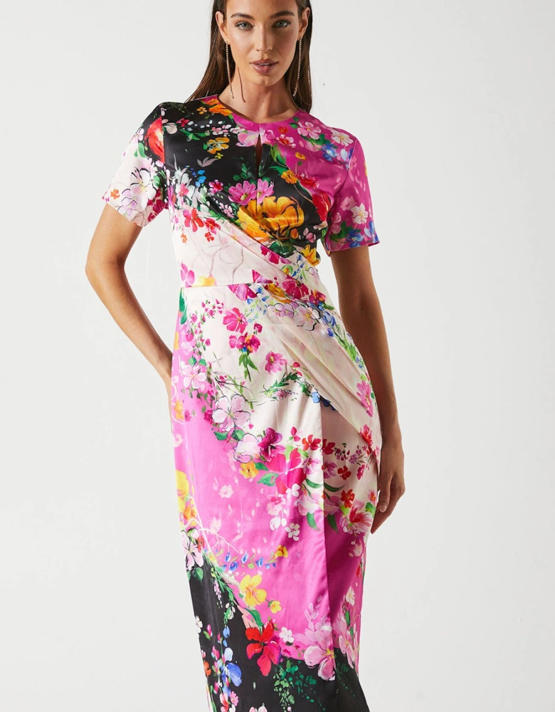 Colour Block Floral Body Con Midi Dress