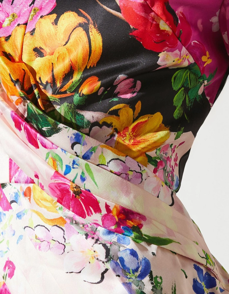 Colour Block Floral Body Con Midi Dress