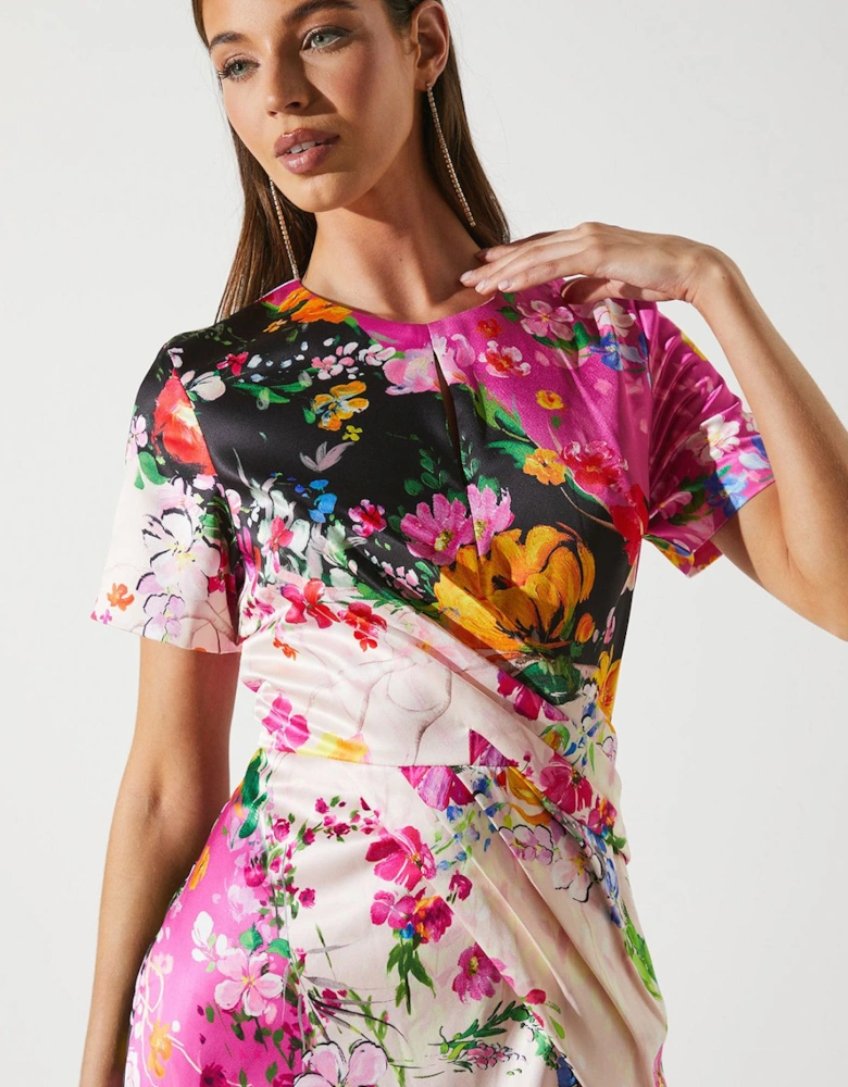 Colour Block Floral Body Con Midi Dress