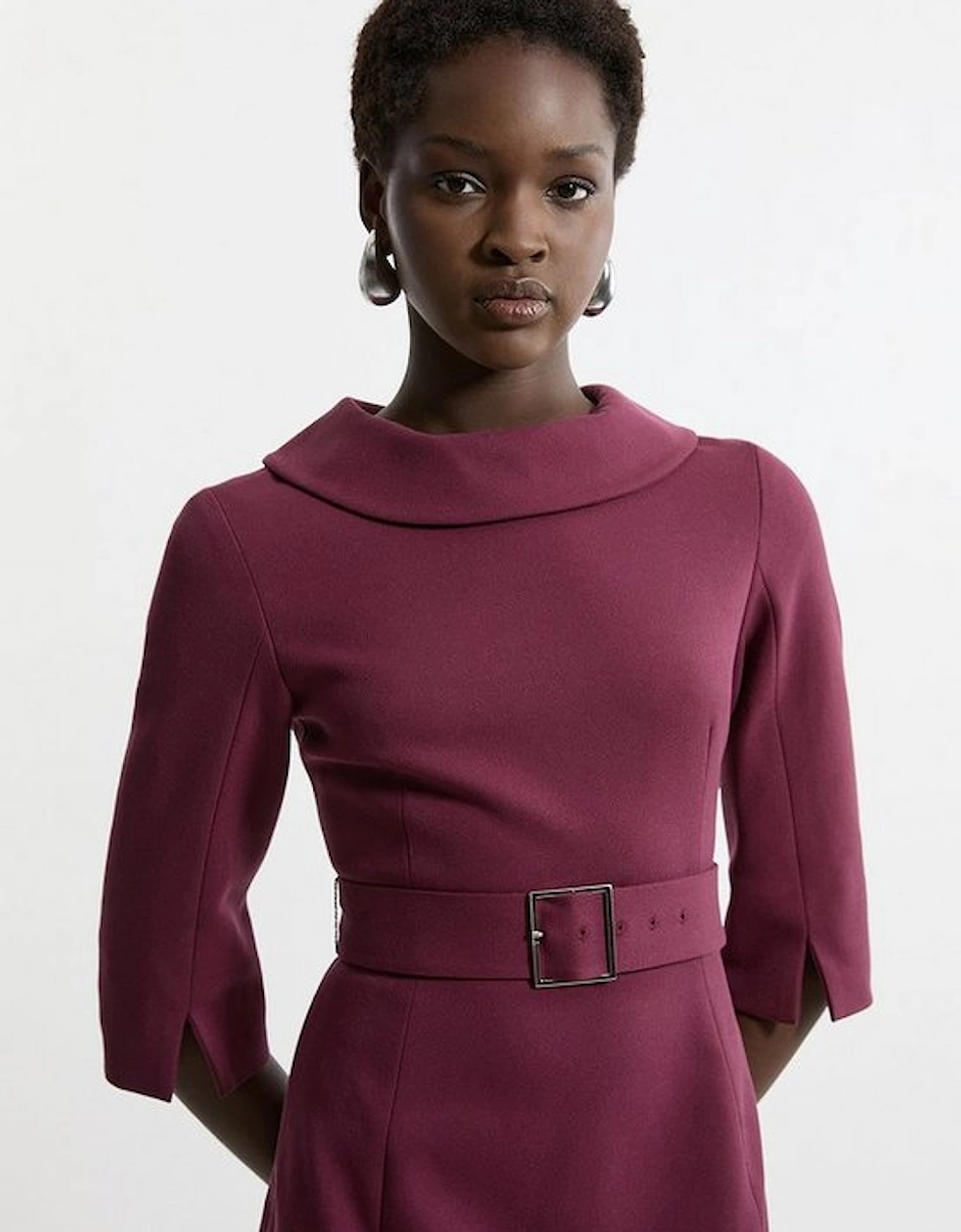 Tailored Structured Crepe Roll Neck Belted Midi Dress