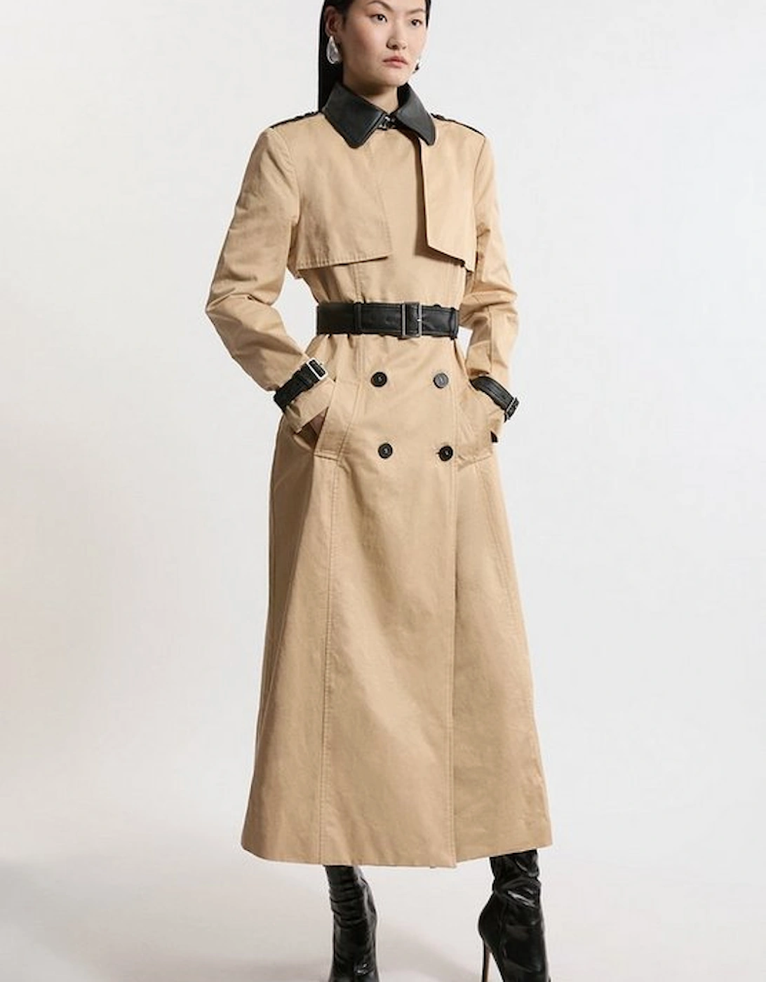 Classic Pu Contrast Belted Trench Coat