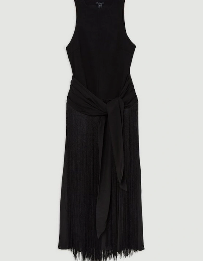 Tall Fringe Tassle Halter Neck Tailored Maxi Dress