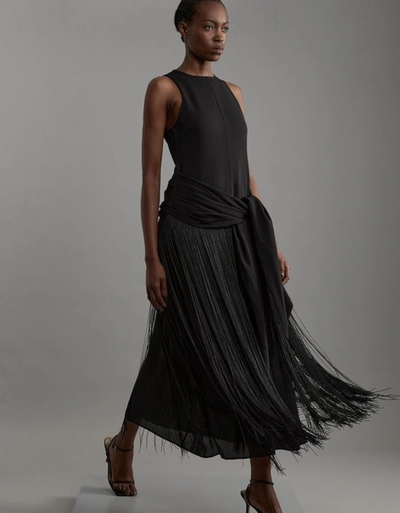 Tall Fringe Tassle Halter Neck Tailored Maxi Dress