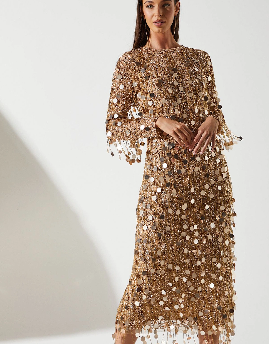 Party Gold Sequin Long Sleeve Midi Dress