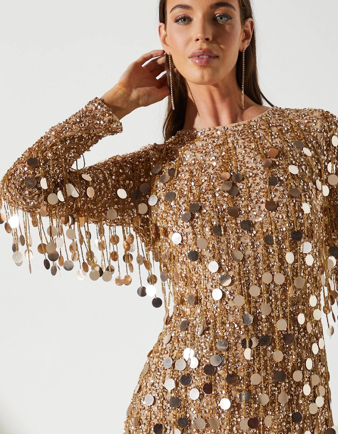 Party Gold Sequin Long Sleeve Midi Dress