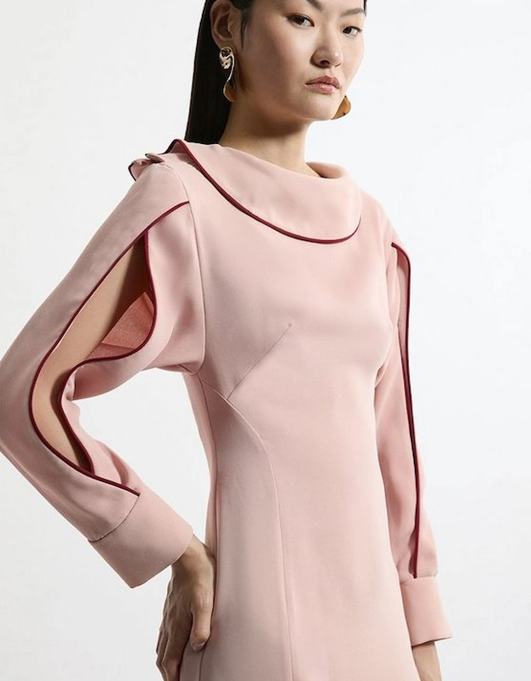 Soft Tailored Tipping Cowl Detail Sleeved Midi Dress