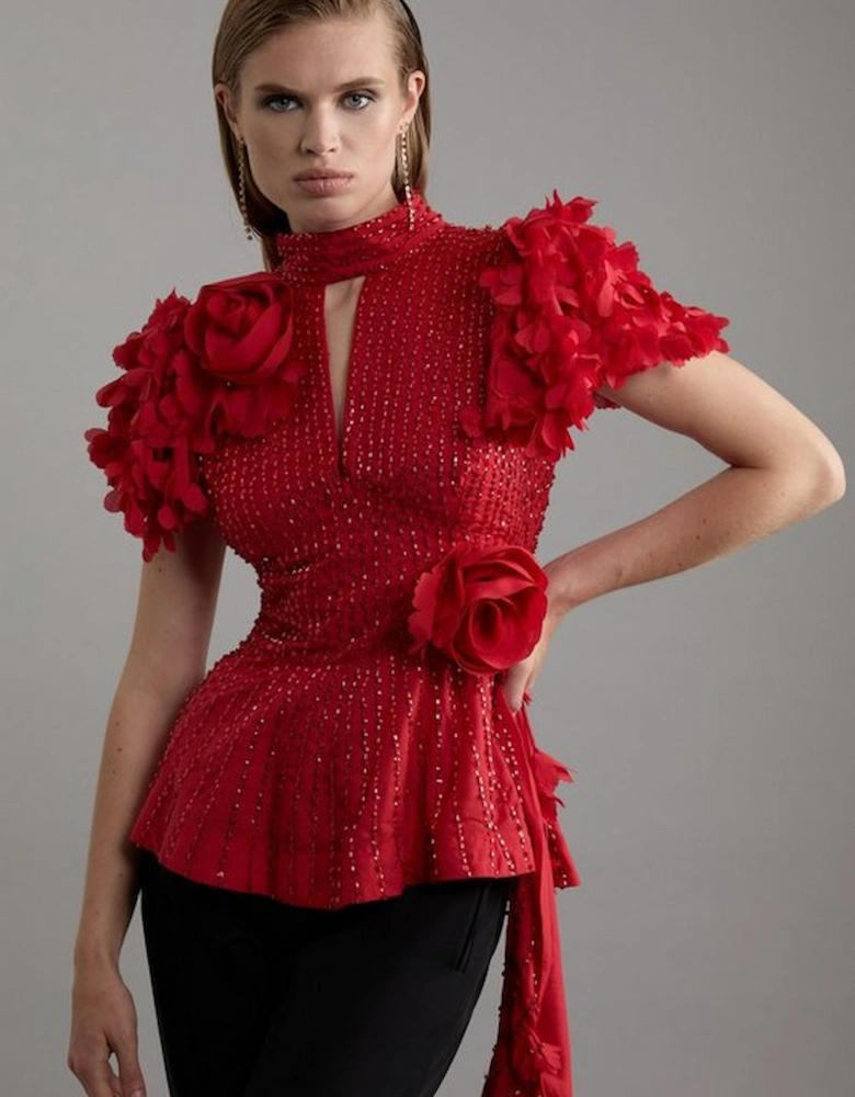 Crystal Applique Woven Peplum Top