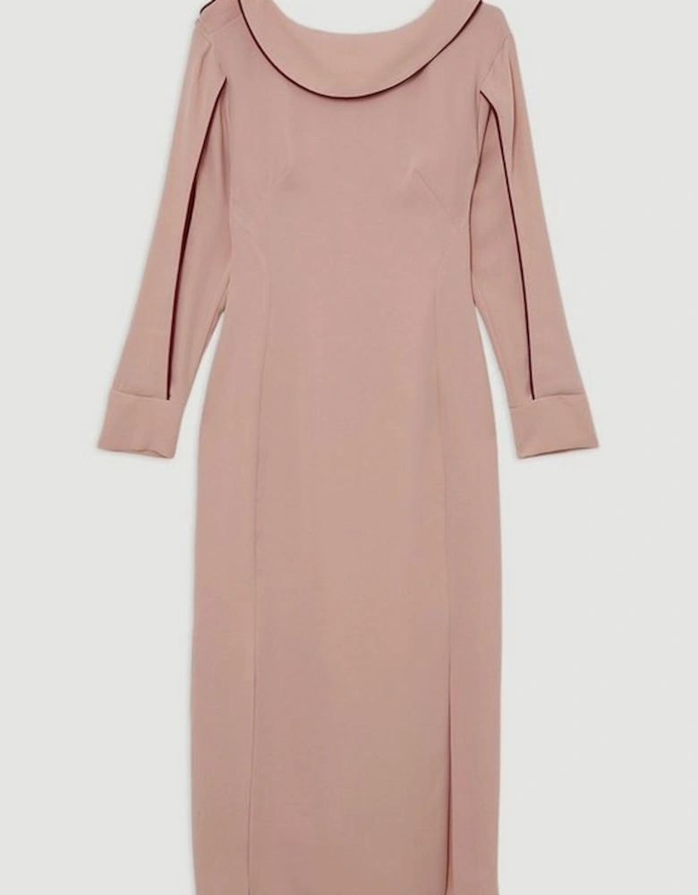 Soft Tailored Tipping Cowl Detail Sleeved Midi Dress