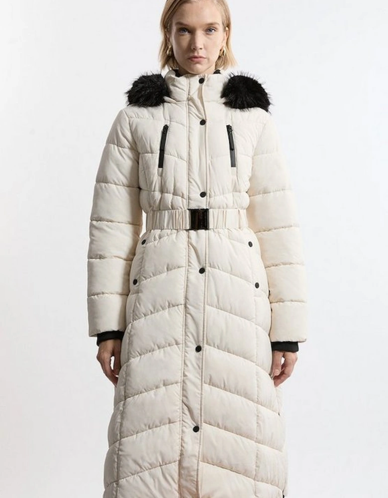 Faux Down Padded Belted Hooded Puffer Coat