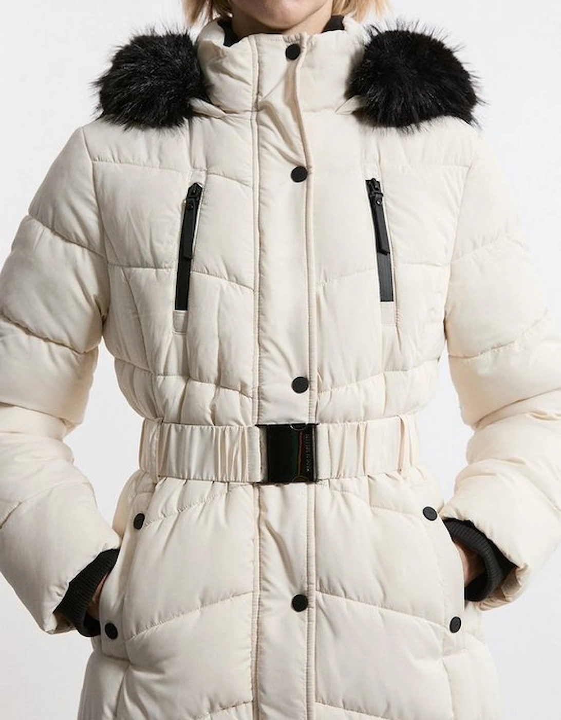 Faux Down Padded Belted Hooded Puffer Coat