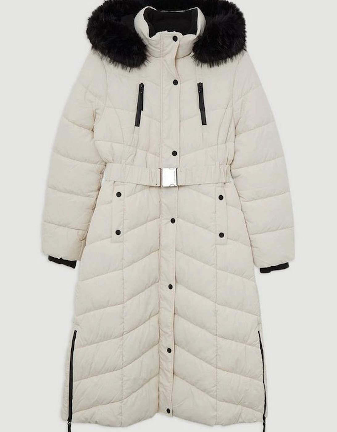 Faux Down Padded Belted Hooded Puffer Coat