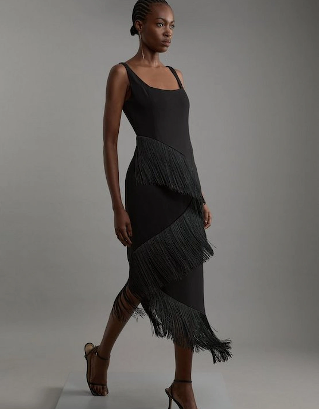 Fringe Tassel Drape Tailored Pencil Midi Dress