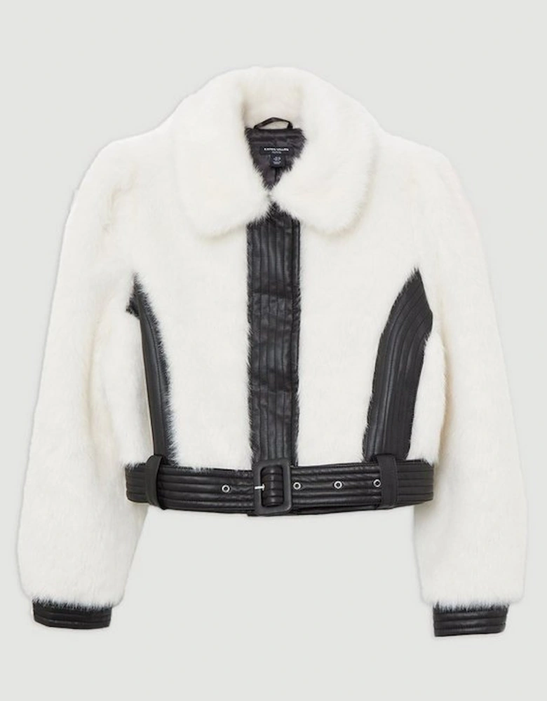 Petite Faux Fur Pu Panelled Belted Cropped Jacket