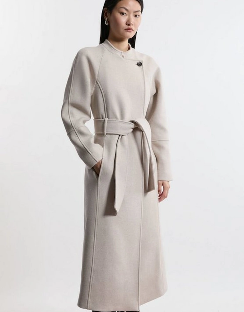 Premium Italian Manteco Wool Collarless Belted Tailored Maxi Coat