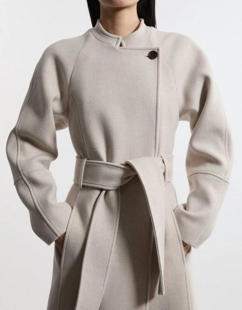 Premium Italian Manteco Wool Collarless Belted Tailored Maxi Coat